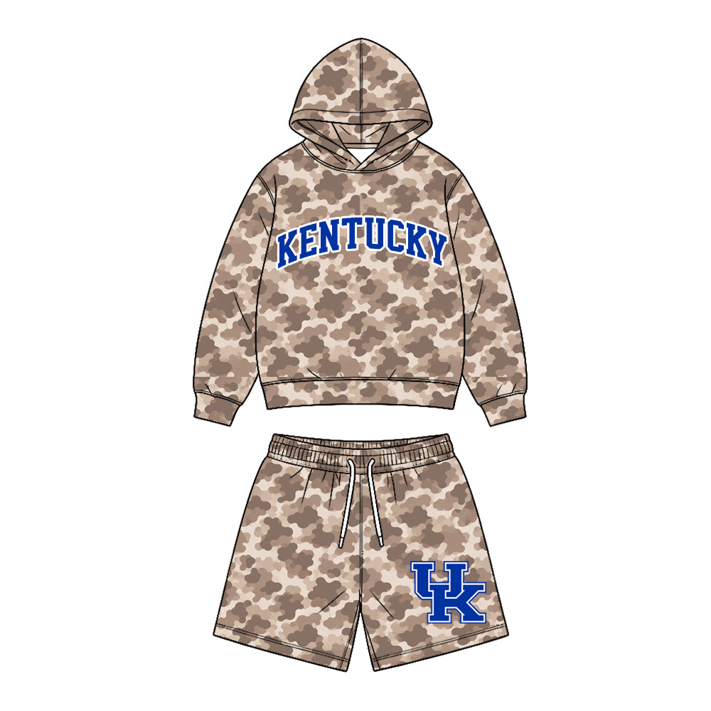 (Custom Design Preorder MOQ 5 Each)Teams Logo Brown Camo Hoodie Top Pockets Shorts Boys Clothes Set Brothers Wear
