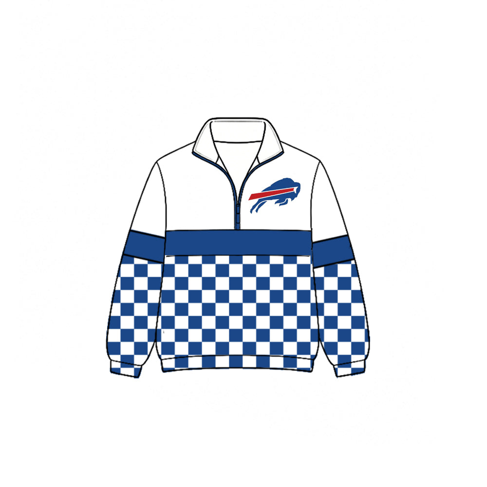 (Custom Design Preorder MOQ 5)  Teams Bills Plaid Print Kids & Adult Long Sleeve Zipper Pullover Jacket
