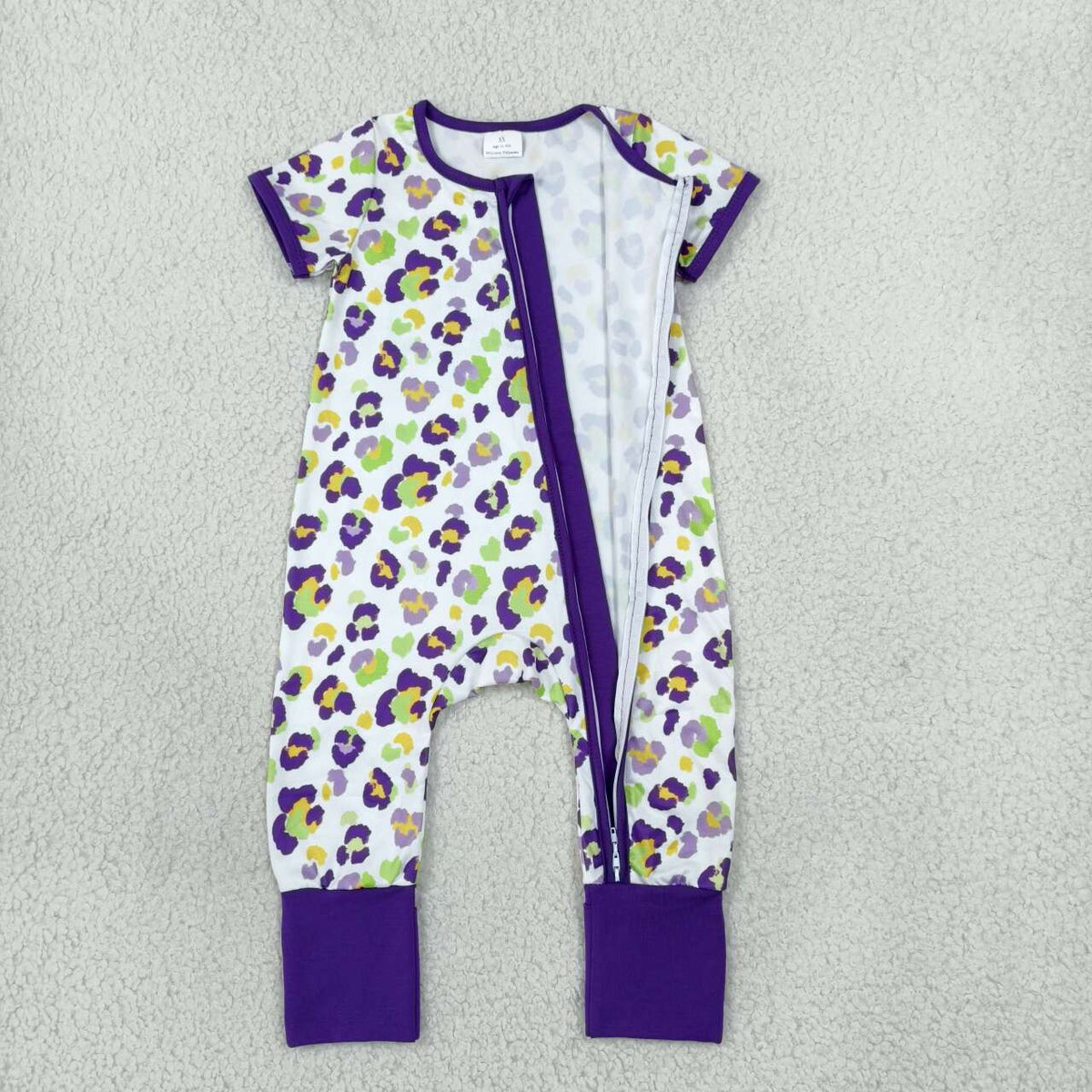 SR4312 Purple Leopard Print Baby Girls Mardi Gras Zipper Sleeper Romper