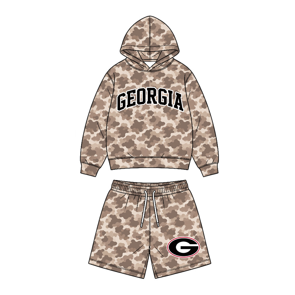 (Custom Design Preorder MOQ 5 Each)Teams Logo Brown Camo Hoodie Top Pockets Shorts Boys Clothes Set Brothers Wear