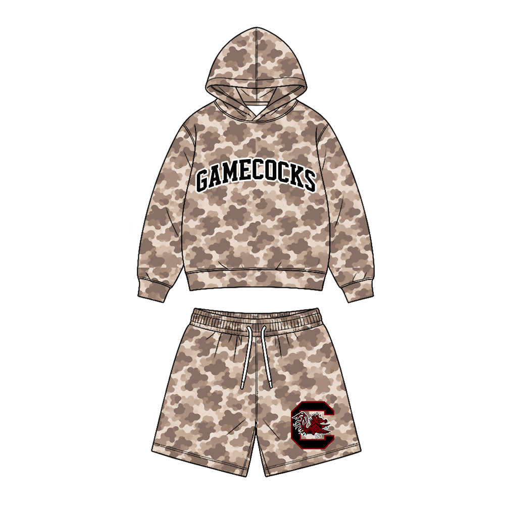 (Custom Design Preorder MOQ 5 Each)Teams Logo Brown Camo Hoodie Top Pockets Shorts Boys Clothes Set Brothers Wear