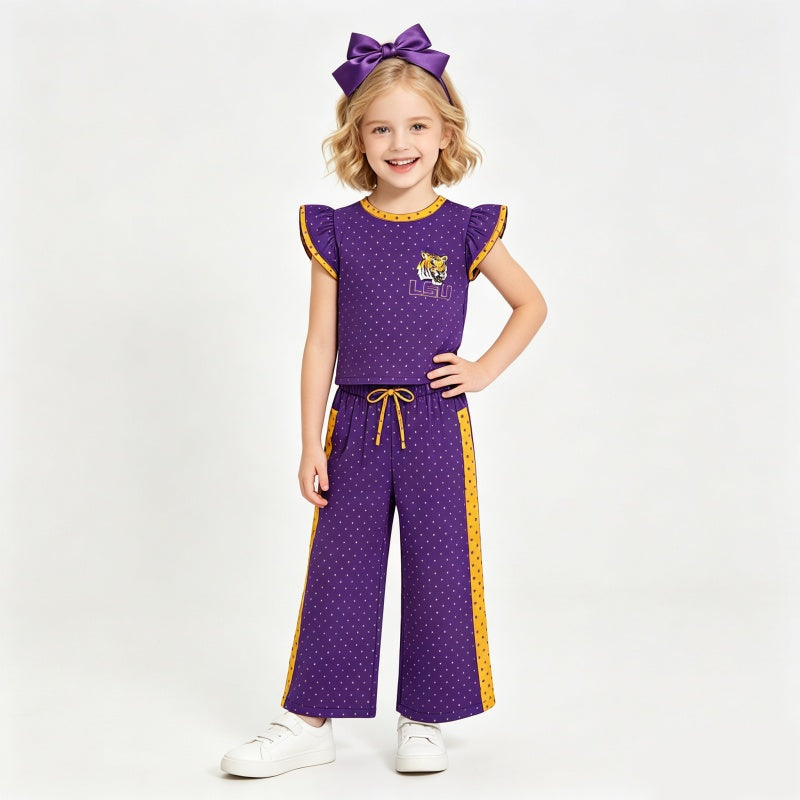 (Custom Design Preorder MOQ 5) Teams LSU Tiger Ruffle Sleeve Top with Wide Pants Outfit