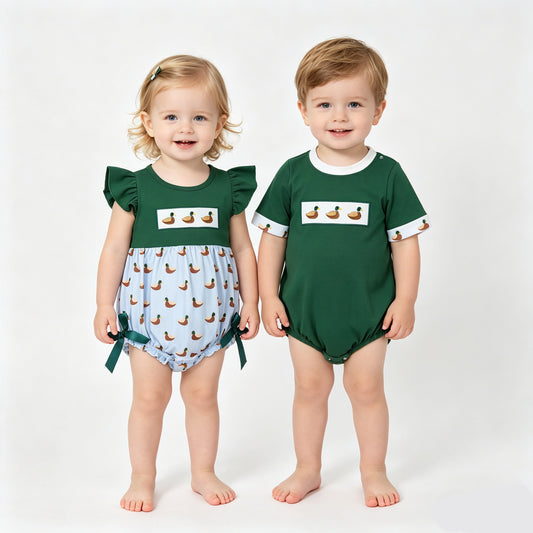 Sibling Baby Girls Boys  Embroidery Mallard Duck Bubble Romper