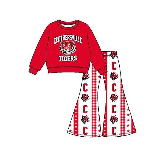 Preorder( 5  MOQ) Baby Girls Crothersville Tigers Top Bell Bottom Pants Outfit