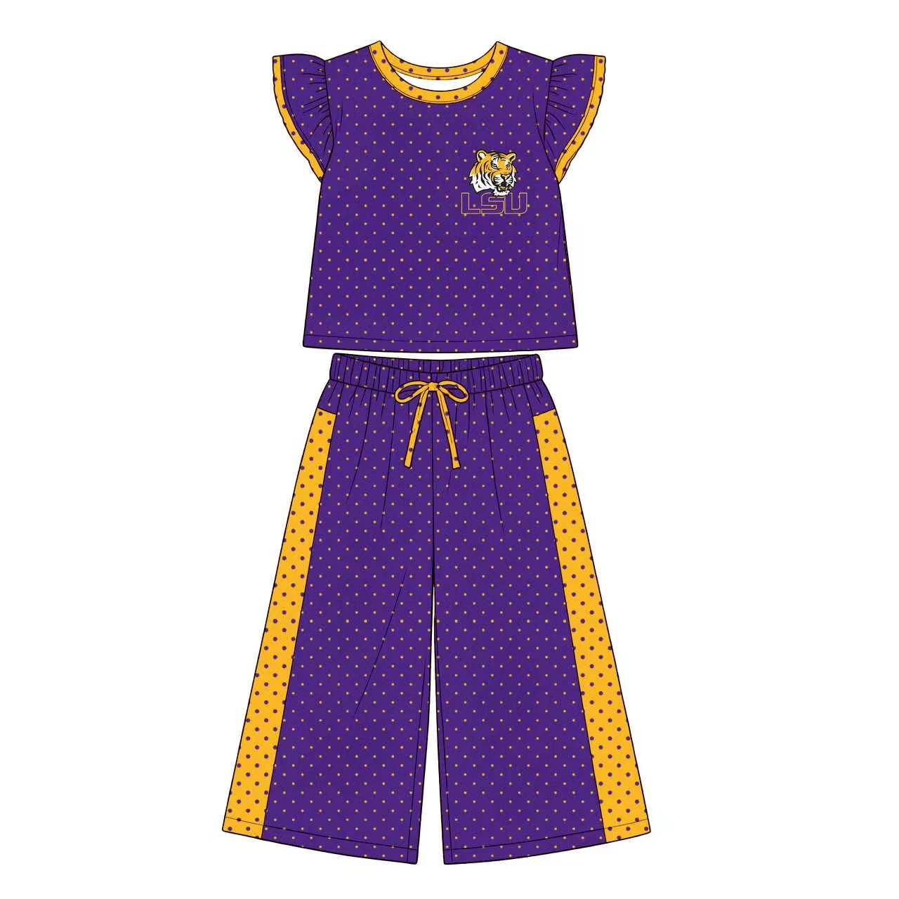 (Custom Design Preorder MOQ 5) Teams LSU Tiger Ruffle Sleeve Top with Wide Pants Outfit
