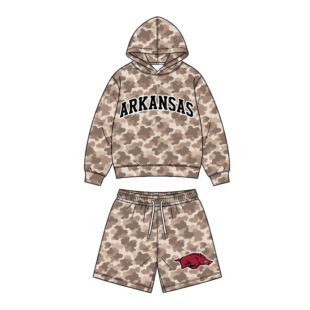 (Custom Design Preorder MOQ 5 Each)Teams Logo Brown Camo Hoodie Top Pockets Shorts Boys Clothes Set Brothers Wear