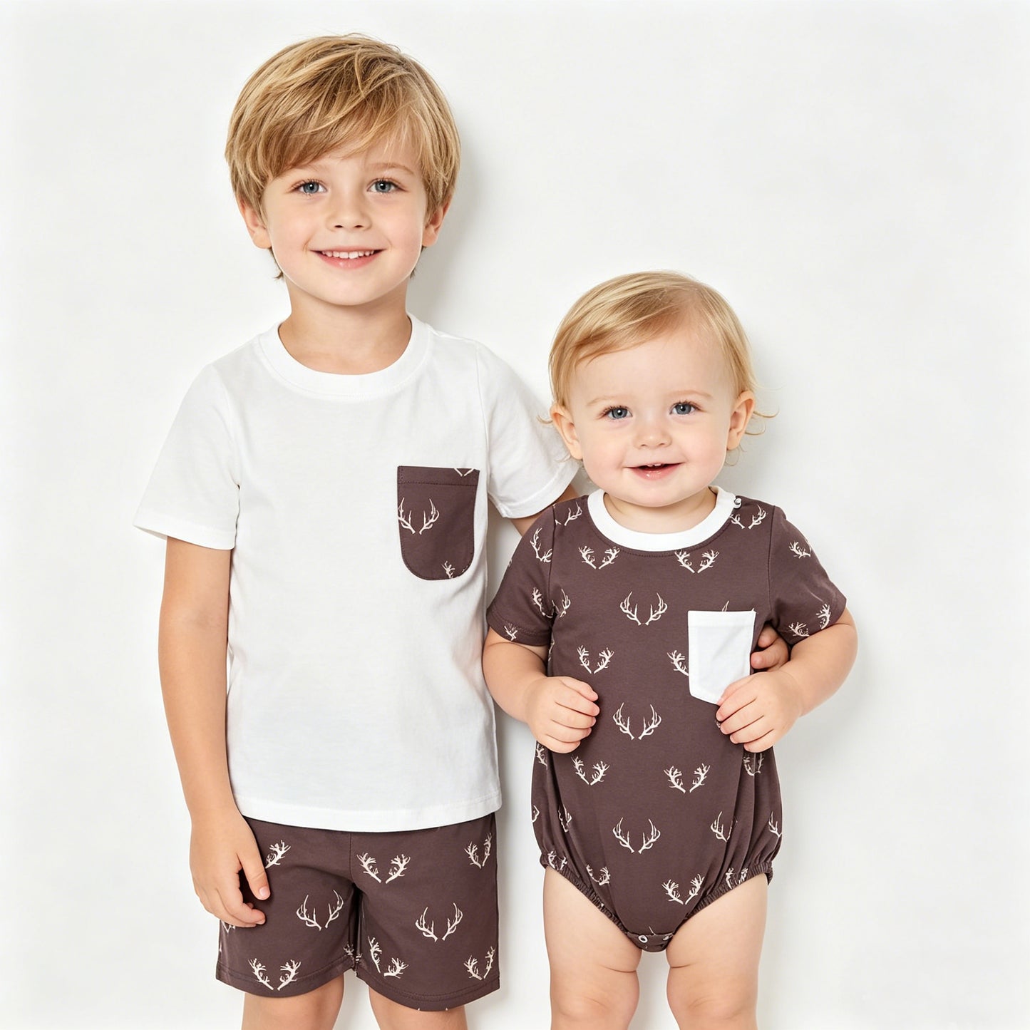 Toddler Boys Deer Antler Pocket Outfit Set, Sibling Matching Summer Clothes