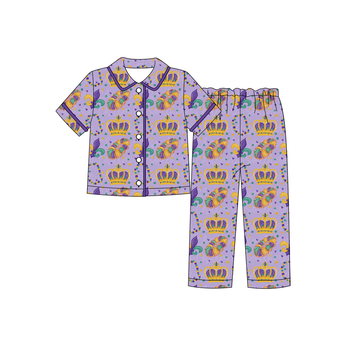 (Custom Design Preorder MOQ 5 Each)Mask Print Girls Mardi Gras Buttons Pajamas Clothes Set Sisters Wear