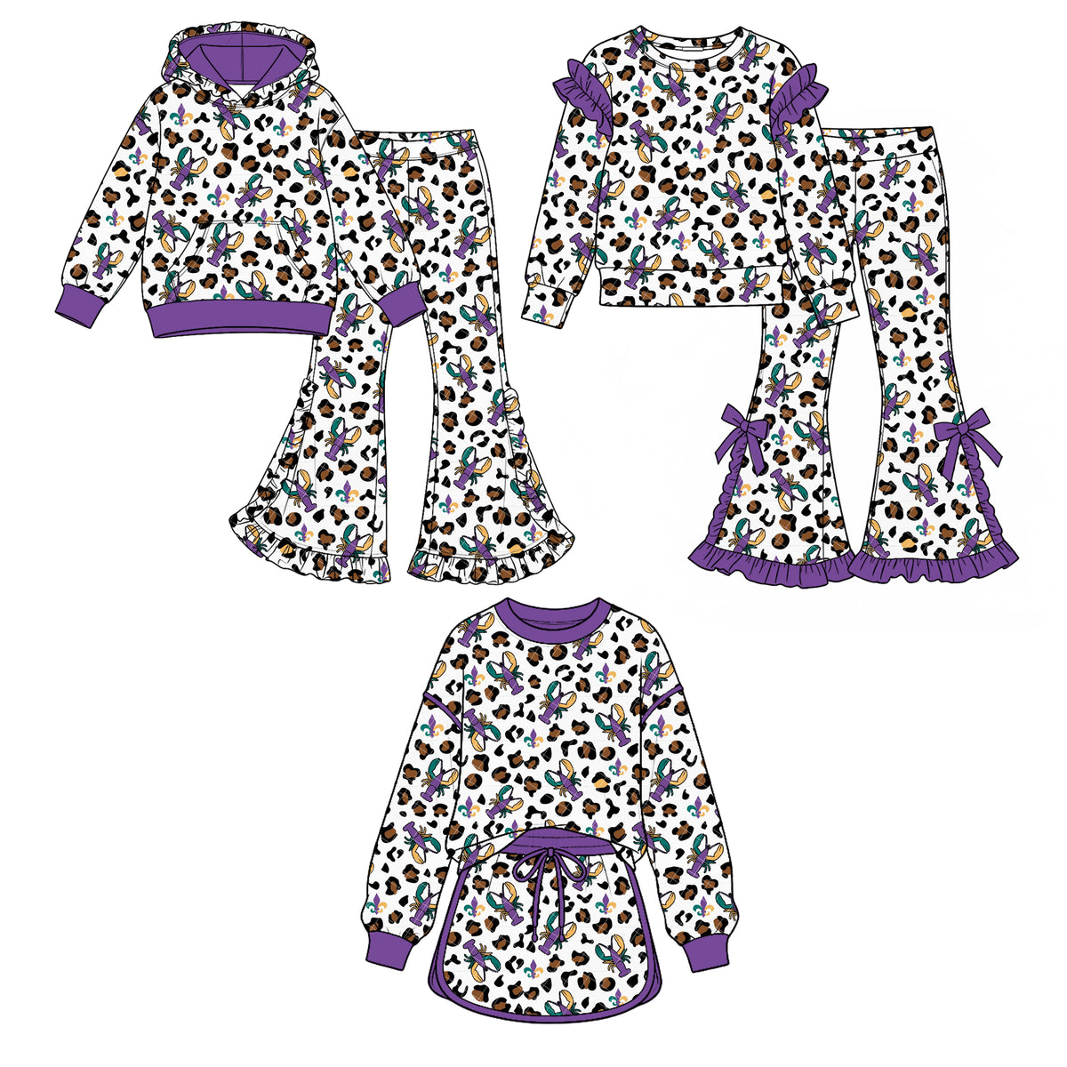 (Custom Design Preorder MOQ 5 Each) Crayfish Leopard Print Girls Mardi Gras Clothes Set Sisters Wear