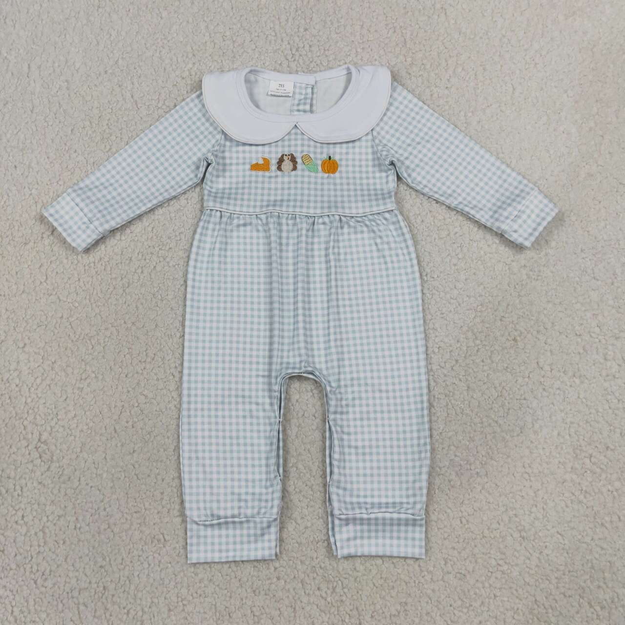 LR3105 Turkey Pumpkin Embroidery Checkered Print Baby Boys Thanksgiving Romper