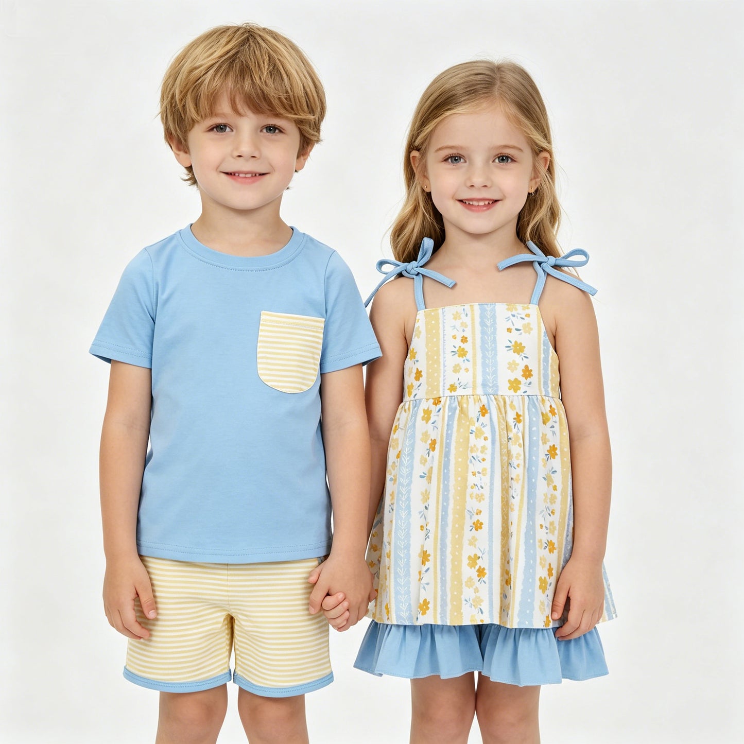 Sibling Boys Baby Girls Yellow Floral Bows Summer Outfits Sets