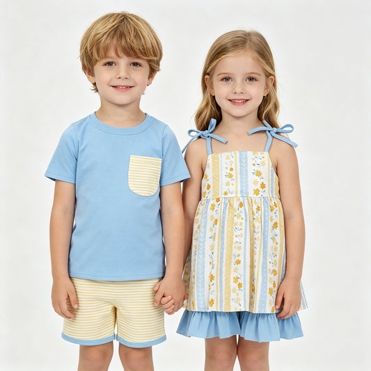 Sibling Boys Baby Girls Yellow Floral Bows Summer Outfits Sets