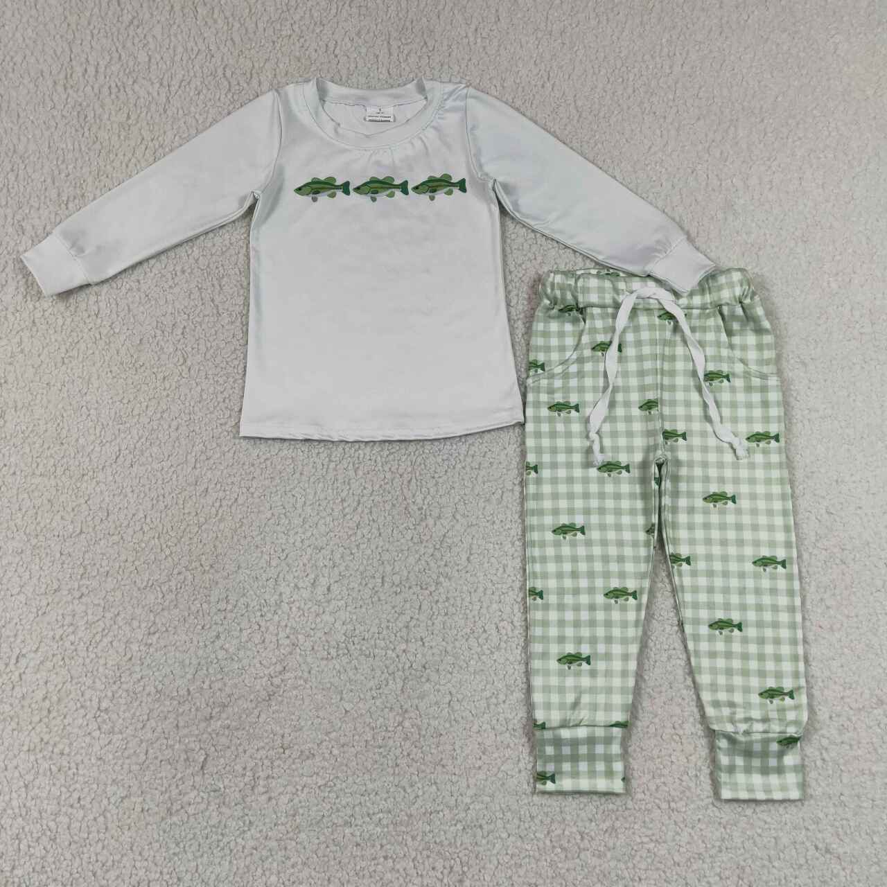 Toddler Boys Fish Grey Long Sleeve  Top with Gingham Pants Outfit