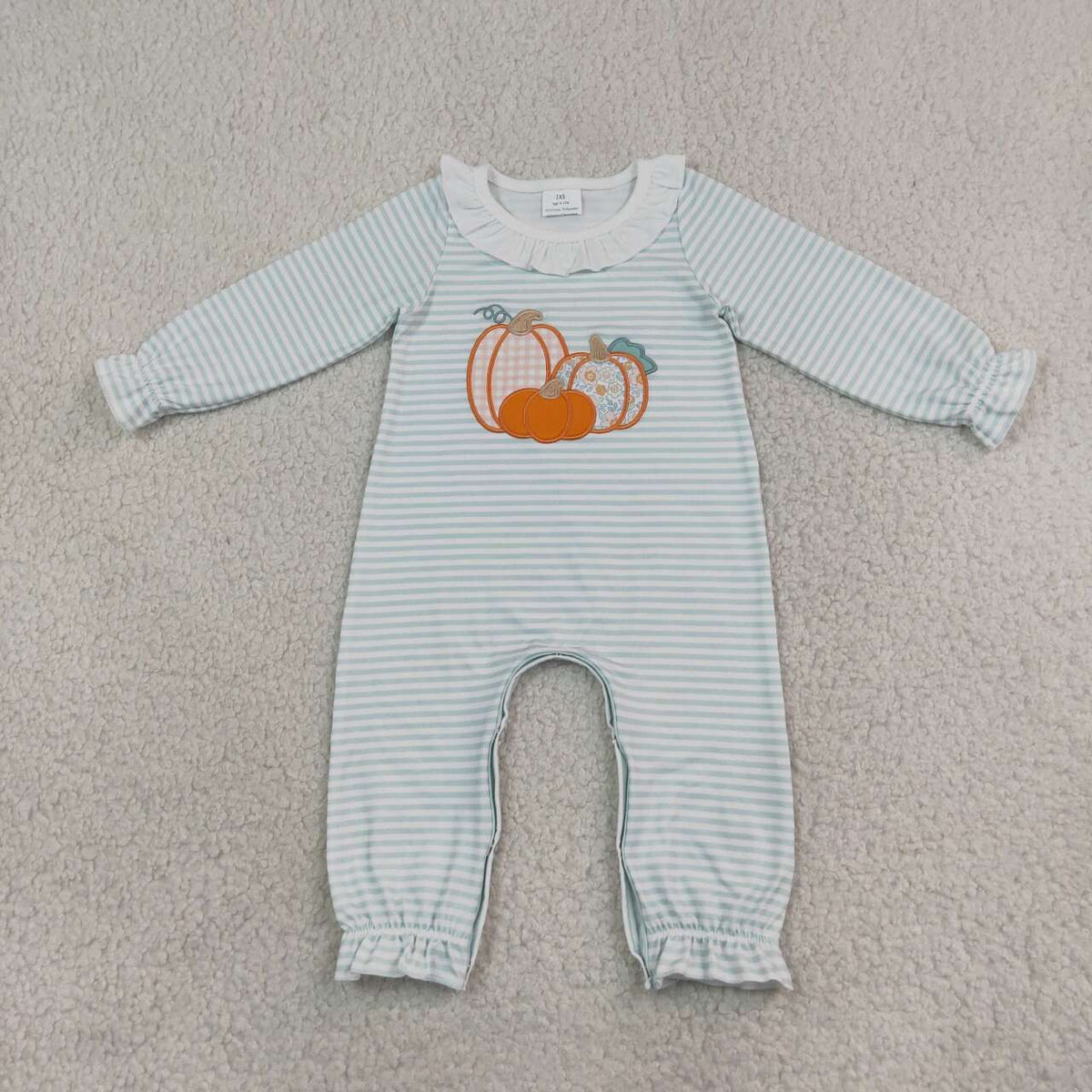 Pumpkin Green Stripes Print Baby Girls Fall Romper