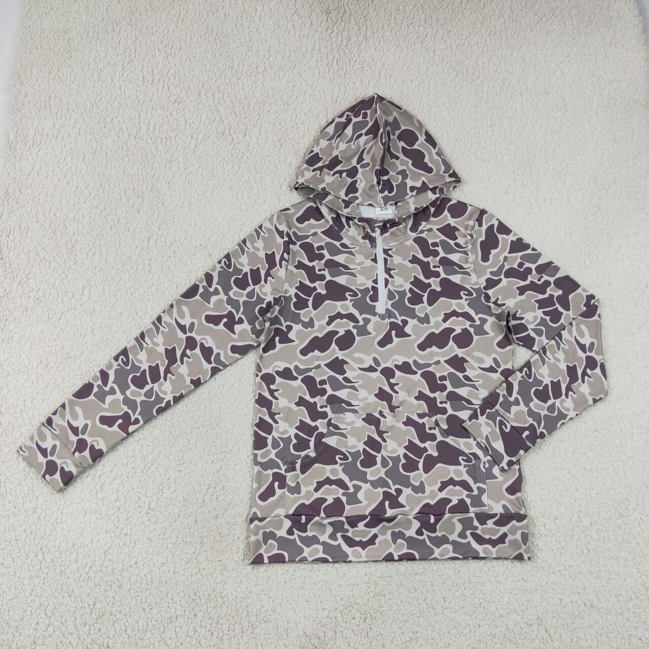 Adult Women Grey Camo Long Sleeve Half Zipper Hoodie Top