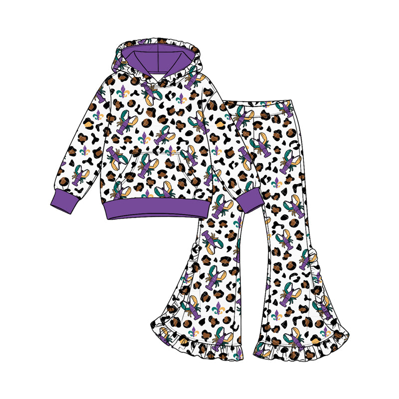 (Custom Design Preorder MOQ 5 Each) Crayfish Leopard Print Girls Mardi Gras Clothes Set Sisters Wear