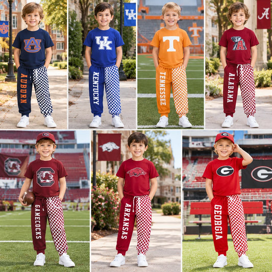 Sibling Kids Boys Cotton Short Sleeve  Checked Jogger Pants Vinyl Sport Team Outfit