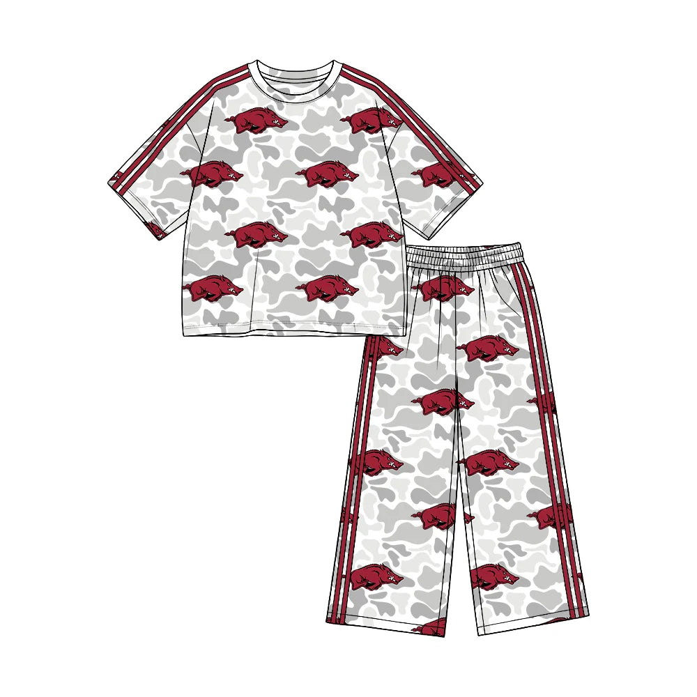(Custom Design Preorder MOQ 5) Teams Arkansas Grey Camo Print Straight Pants Girls Clothes Set