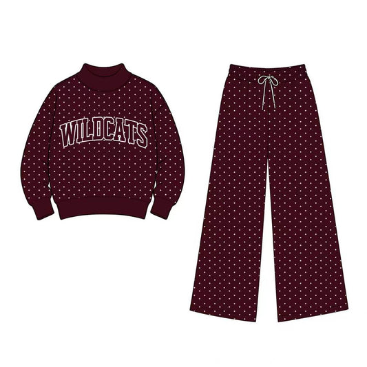 (Custom Design Preorder MOQ 5) Teams Wildcats  Polka Dot Long Sleeve Top Pants Outfit