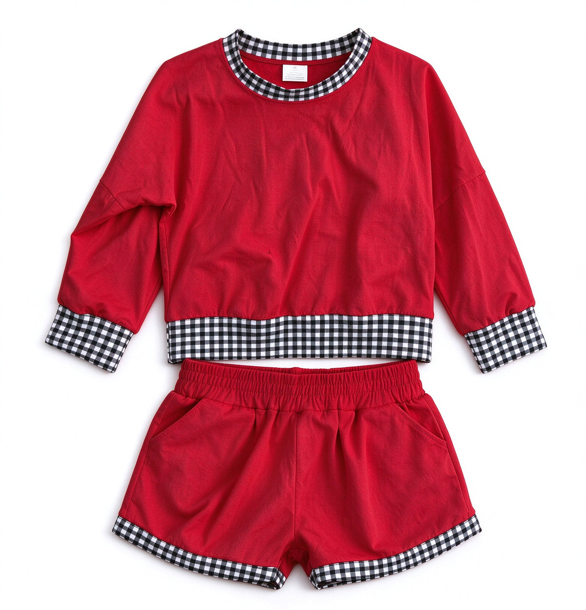Preorder 5 MOQ each Kids Girls Long Sleeve Gingham Trim Top Shorts Outfit