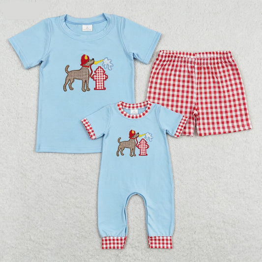 Matching Boys Firefighter Dog Outfit - Sibling Gingham Short Set & Baby Romper