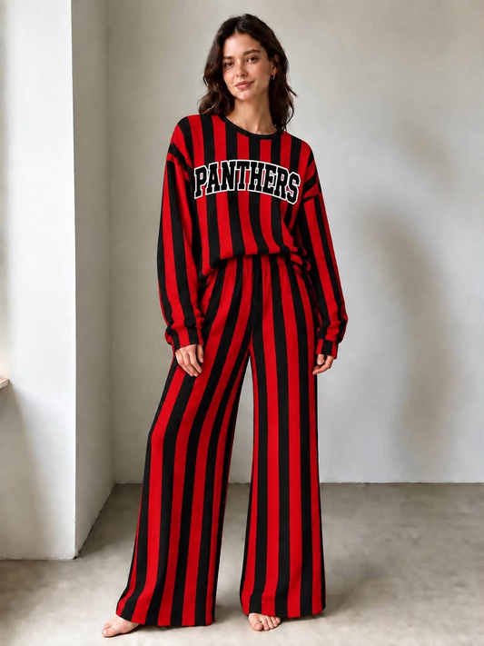 Preorder (5 MOQ)  Panthers Red Black Striped Long Sleeve Top Logo Pockets Pants Girls & Woman Clothes Set