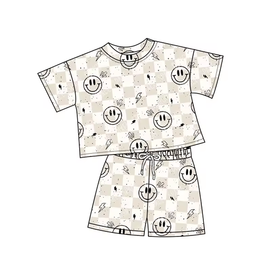 (Custom Design Preorder MOQ 5) Smiling Plaid Print Kids Summer Clothes Set