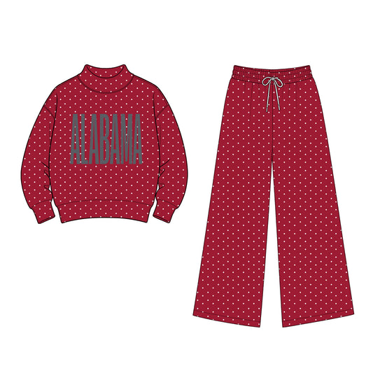 (Custom Design Preorder MOQ 5 Each) Teams Alabama Polka Dot Mock Necks Top Pockets Pants Girls & Woman Clothes Set