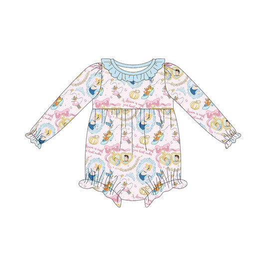 (Custom Design Preorder MOQ 5 ) Cartoon Princess Pumpkin Print Baby Girls Long Sleeve Romper