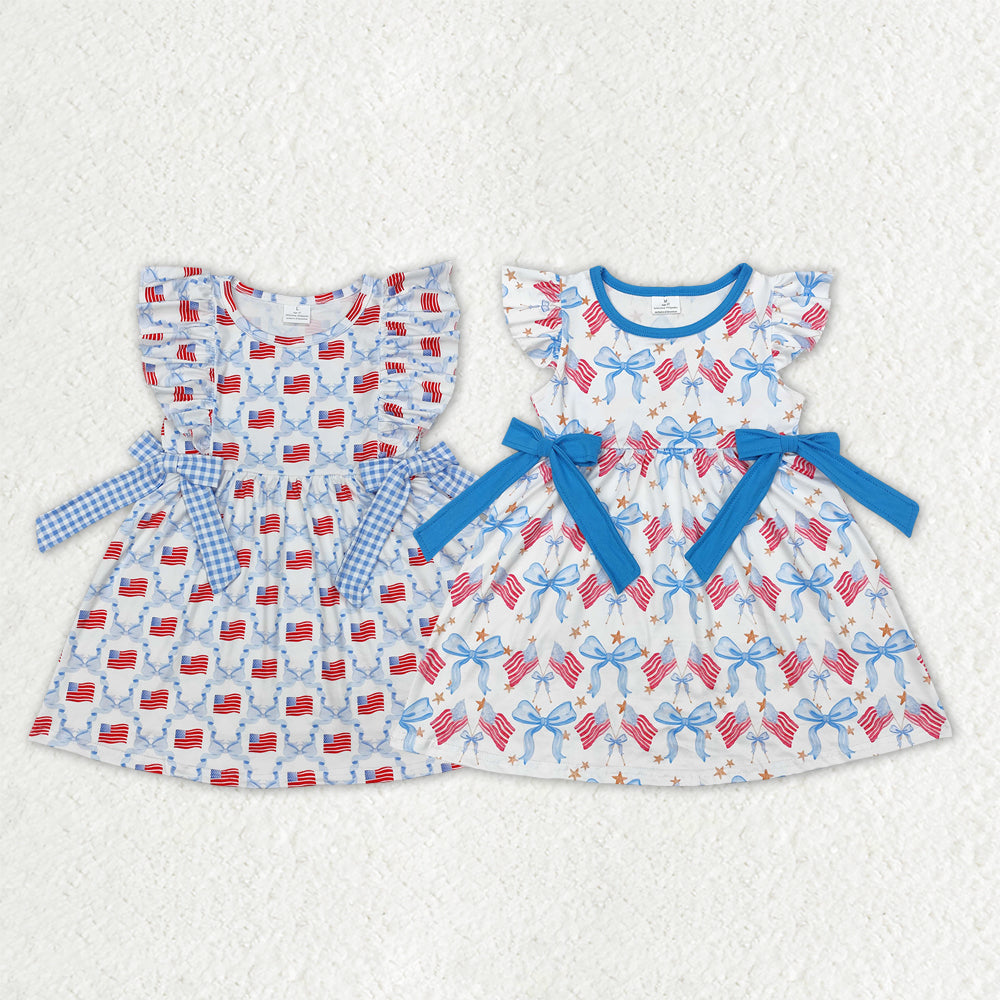 Sibling Baby Girls Flutter Sleeve Flags Bows Stars 4th of July Ruffle Knee Length Dresses