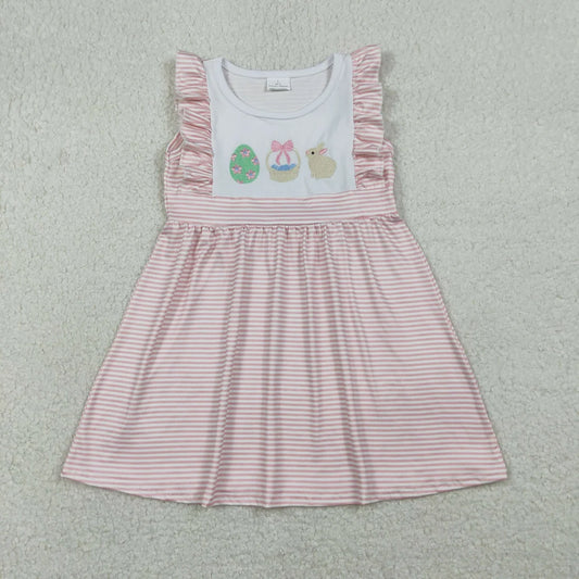 Embroidery Rabbit Eggs Baby Girls Pink Stripe Easter Knee Length Dresses