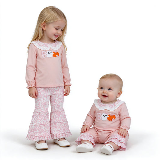 Sibling Baby Girls Halloween Embroidery Boo Ghost Pumpkin Leopard Pants Outfit and Romper