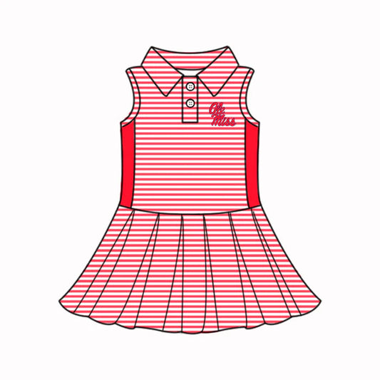 (Custom Design Preorder MOQ 5) Baby Girls Red Stripe Ole Miss Button Team Knee Length Dresses