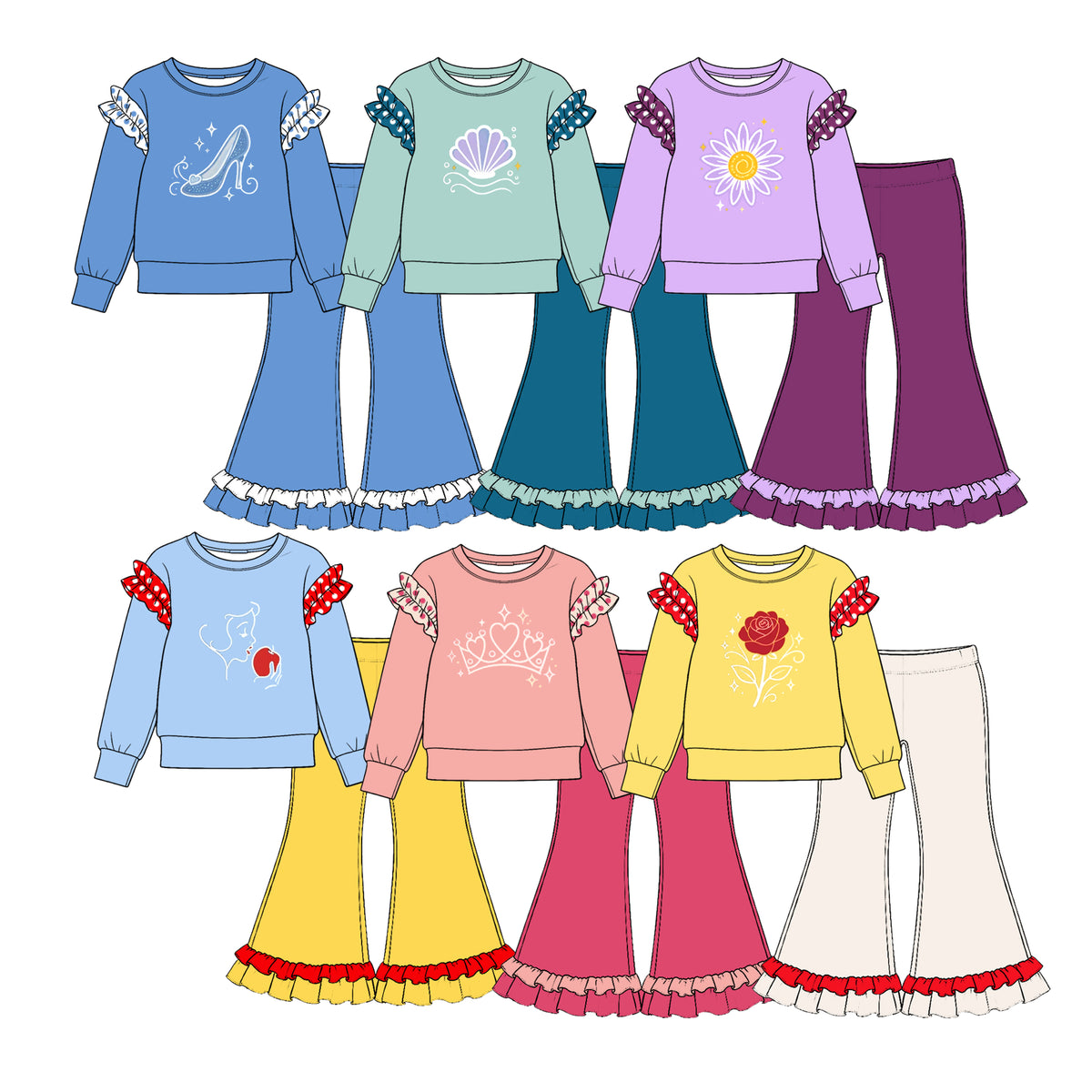 (Custom Design Preorder MOQ 5 Each) Cartoon Princess Print Girls Ruffles Clothes Set Sisters Wear