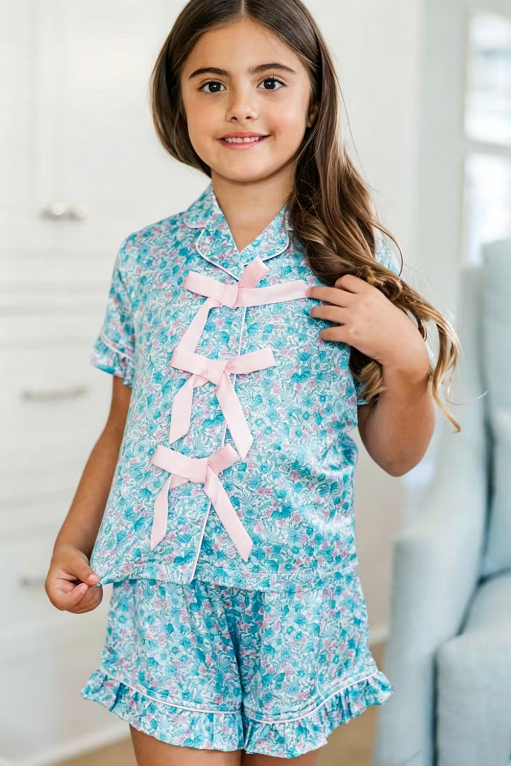 (Custom Design Preorder MOQ 5) Blue Pink Flowers Shorts Baby Girls Summer Button Pajamas Outfits