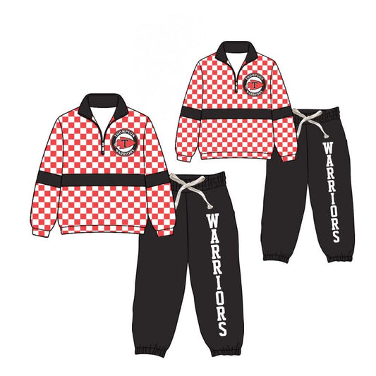 (Custom Design Preorder MOQ 5)  Teams WARRIORS Print Kids & Adult Long Sleeve Zipper Top Joggers Pants Clothes Set