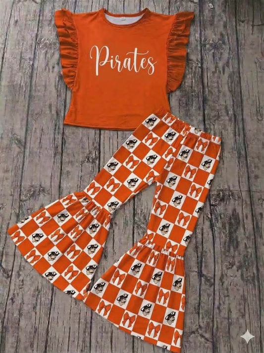 (Custom Design Preorder MOQ 5) Teams Pirates Orange Top Plaid Bows Bell Pants Girls Clothes Set