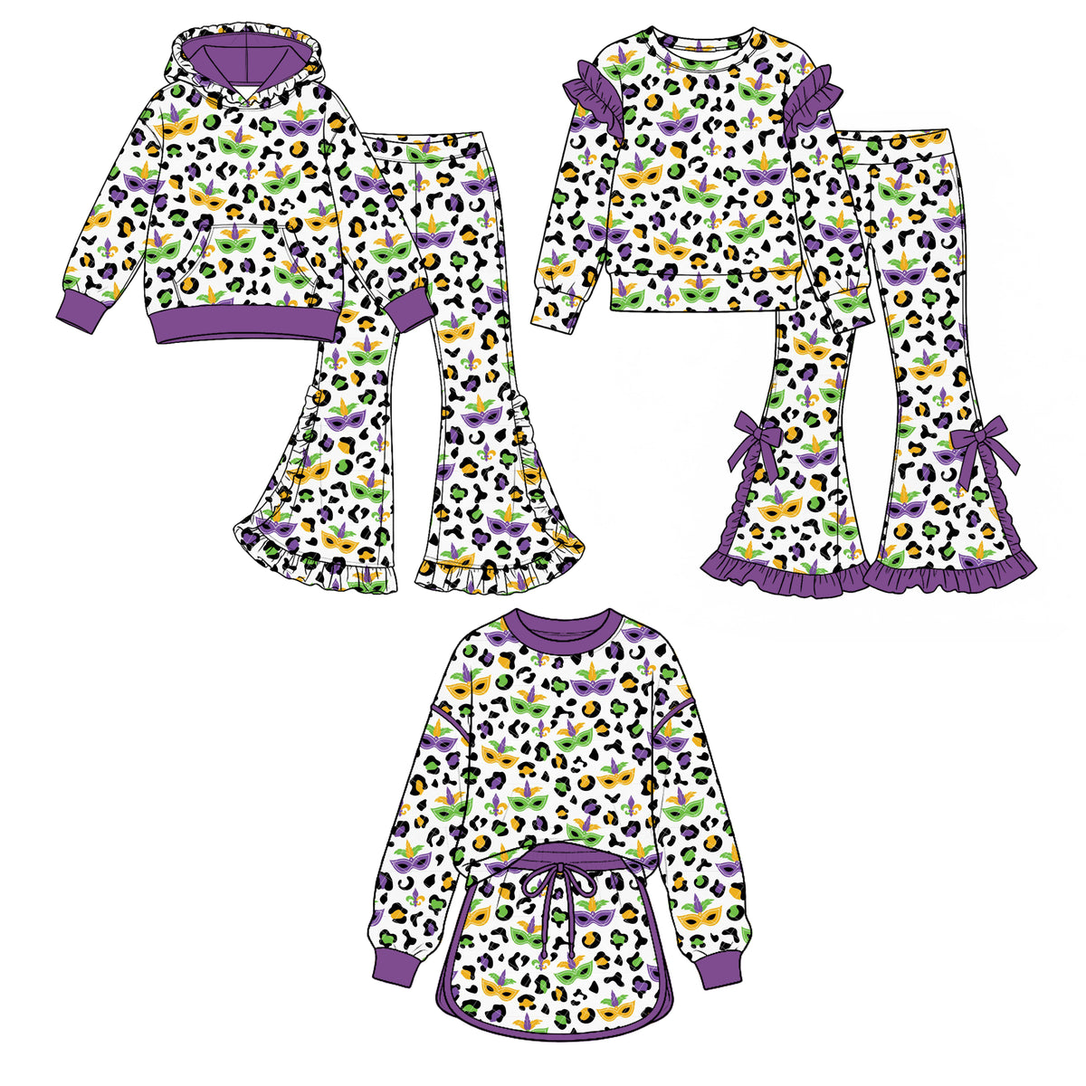 (Custom Design Preorder MOQ 5 Each) Mask Leopard Print Girls Mardi Gras Clothes Set Sisters Wear