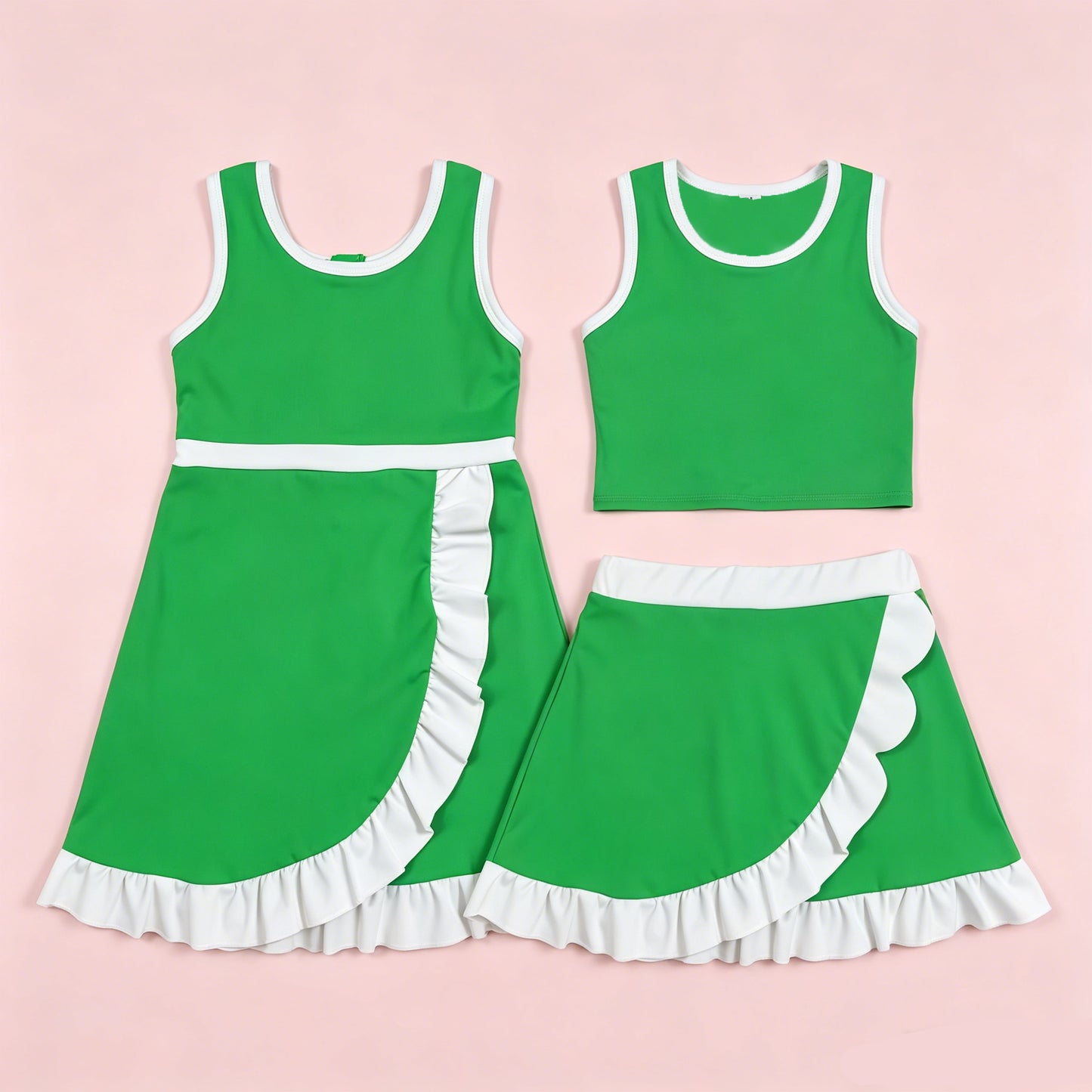 Toddler Sibling Kids Girls Green With White Ruffle Dress & Skort Outfit Active Wear