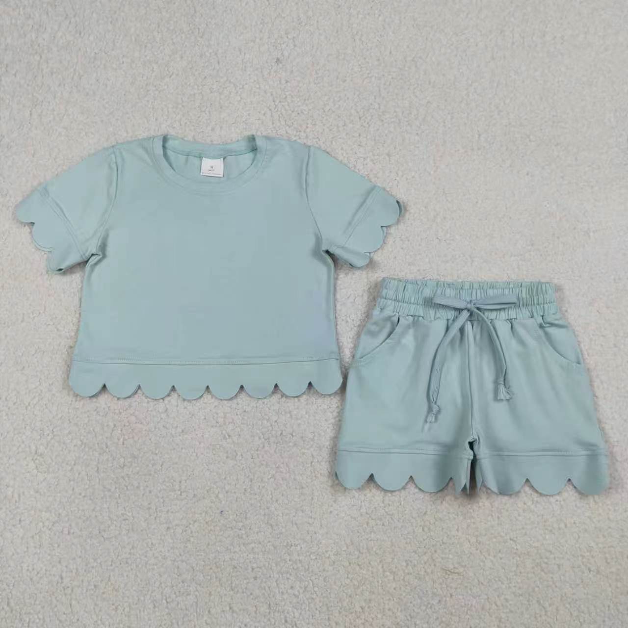 11 Colors Sibling Baby Girls Solid Color Short Sleeve Shirt Top Scalloped Shorts Outfit