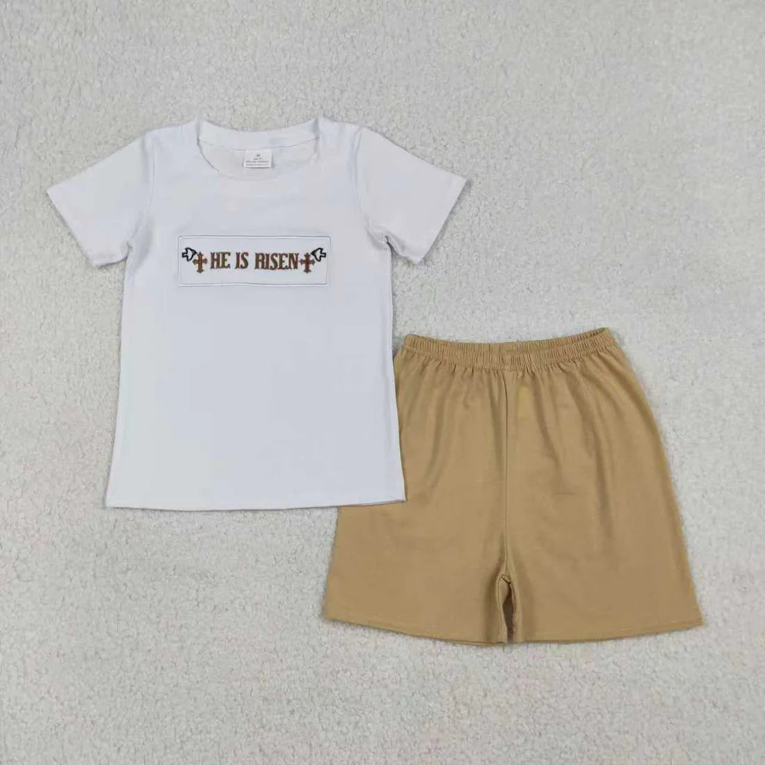 Sibling Baby Boys Girls Embroidery Crosses He is Risen Easter Clothes Sets Knee Length Dress