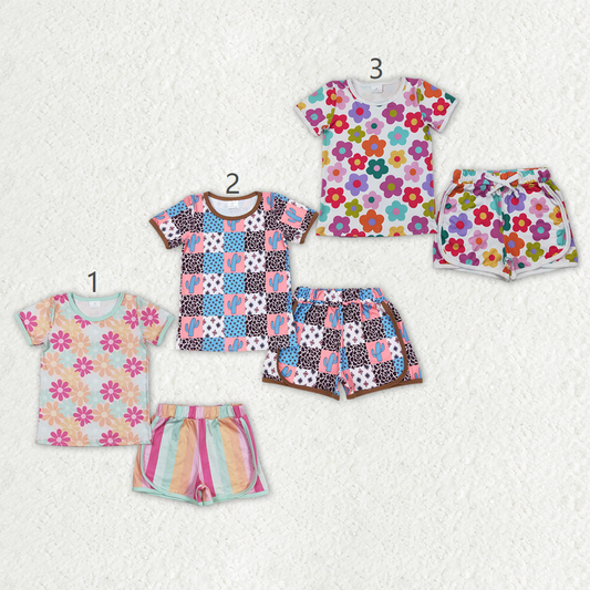 Sibling Baby Girls Short Sleeve Colorful Flowers Cactus Top Shorts Pajamas Clothes Sets