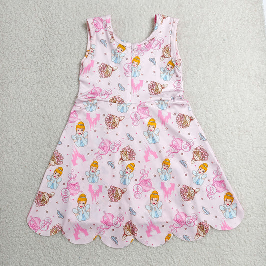 GSD2489 Cartoon Princess Girls Sleeveless Scallop Yoga Zipper Active Dress