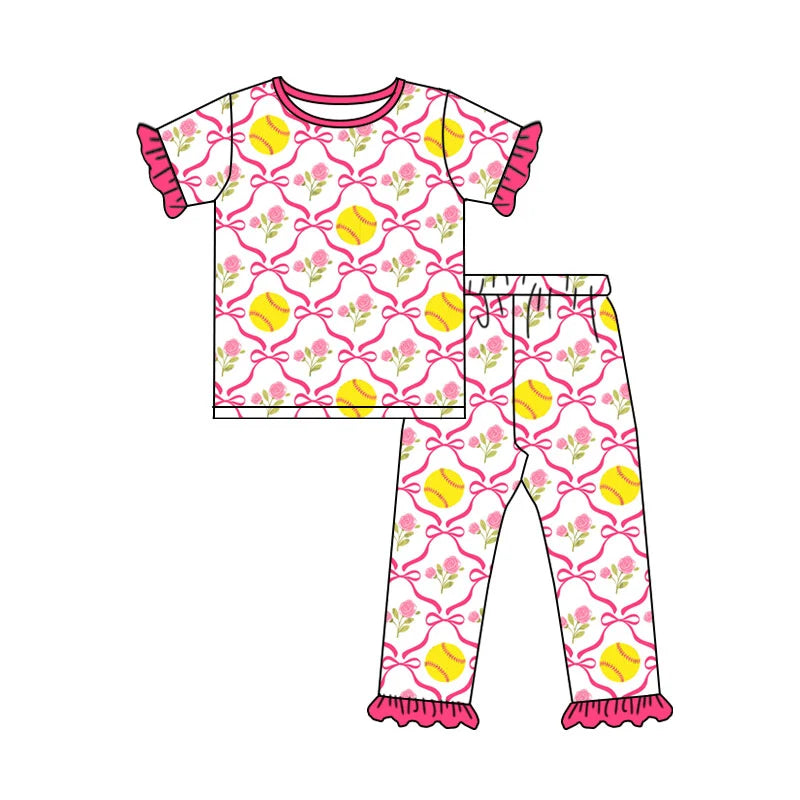 Preorder 5  MOQ Baby Girls Flowers Softball Short Sleeve Pants Pajama Set