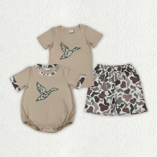 Sibling Baby Boys Embroidery Camo Ducks Hunting Top Shorts Hunting Clothes Set Rompers