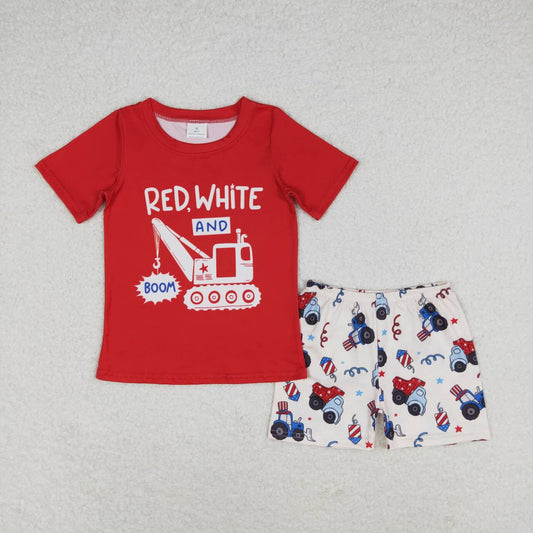 BSSO0825 Red White Boom Top Construction Trucks Shorts Baby Boys 4th of July Clothes Sets