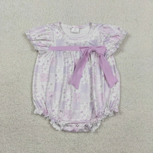 Baby Girls Short Sleeve Flowers Checked Bow Top Ruffle Rompers