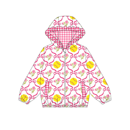 Preorder 5  MOQ Baby Girls Flowers Softball Long Sleeve Zip Up Hoodie Jacket
