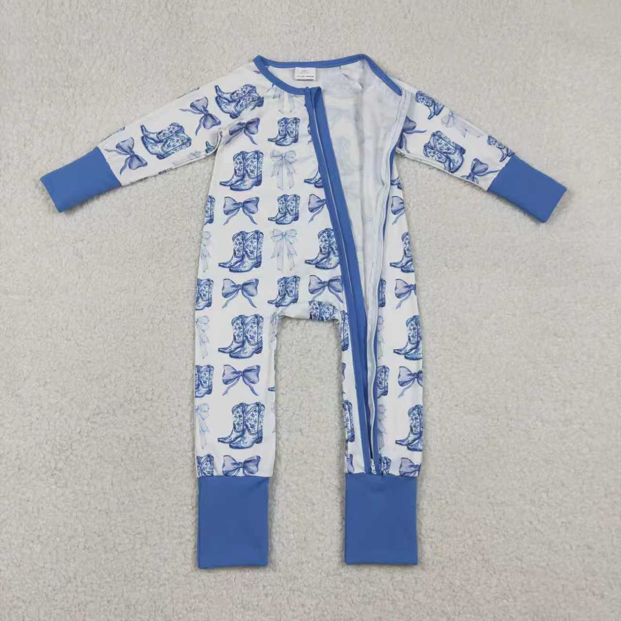 Sibling Baby Girls Blue Bows Pants Top Pants Western Pajamas Set Zipper Rompers
