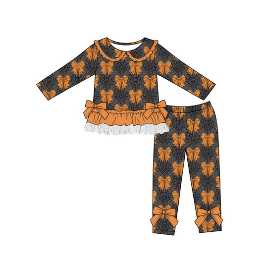 (Custom Design Preorder MOQ 5) Bows Web Ruffle Top Legging Pants Girls Halloween Clothes Set